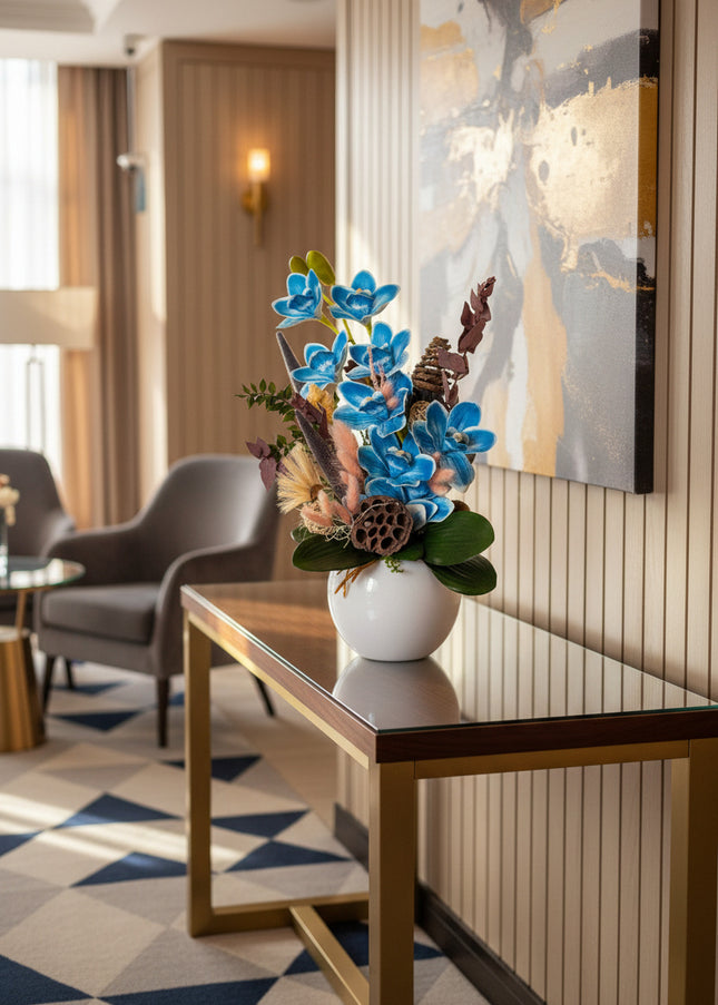 Aranjament floral „Azure Bloom” în vas ceramic – orhidee albastre și accente naturale