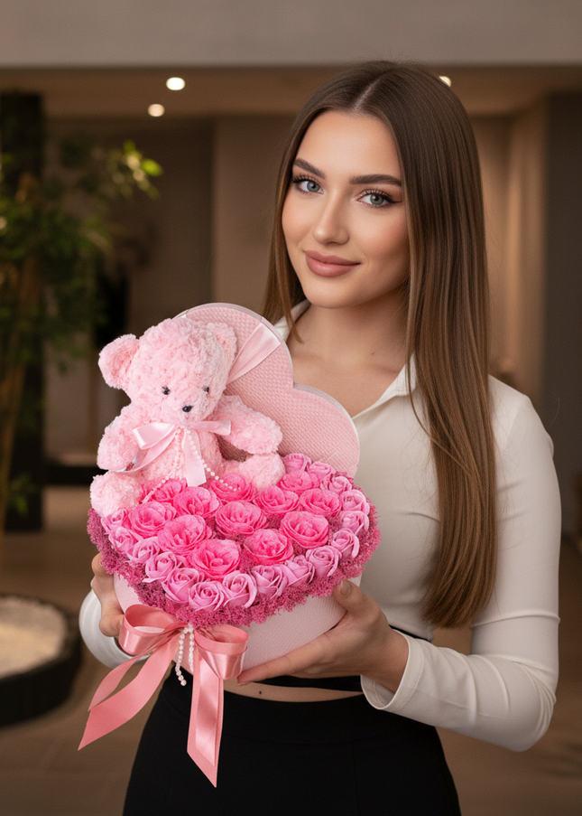 Aranjament Inimă Lux Trandafiri Săpun, Ursulet Catifea