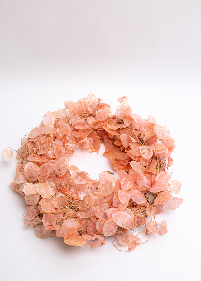 Coroniță Decorativă Lunaria Piersică – Aranjament Natural Handmade, Nuanță Somon Pastel