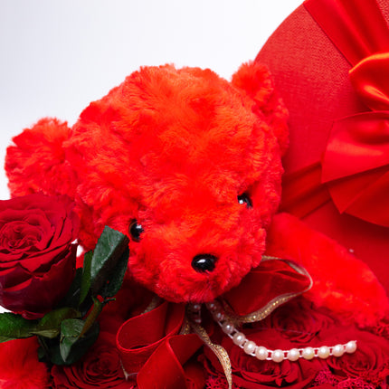 Aranjament Inimă Lux 27 Trandafiri Criogenați Roșii & Ursulet