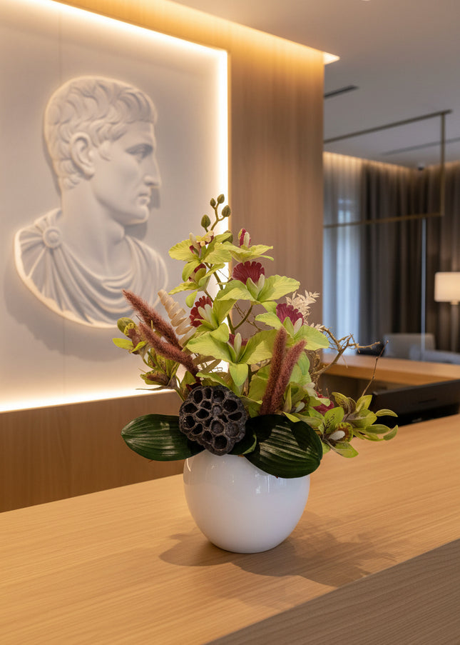 Aranjament Floral „Emerald Orchid” în Vas Ceramic Alb – Compoziție Handmade cu Orhidee Verzi, Lotus și Accente Naturale