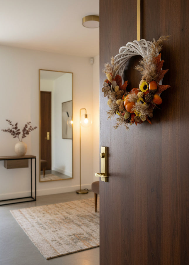 Coroniță Handmade „Autumn Whispers” – Aranjament Floral pe Bază de Răchită Albă cu Dovleci, Floarea-Soarelui Mică și Spice