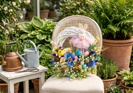 Coroniță florală de Paște „Easter Ballet” – decor festiv cu iepuraș și flori pastelate