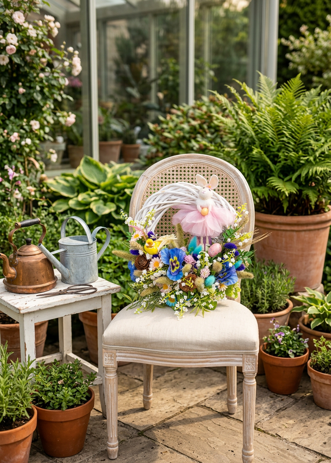Coroniță florală de Paște „Easter Ballet” – decor festiv cu iepuraș și flori pastelate