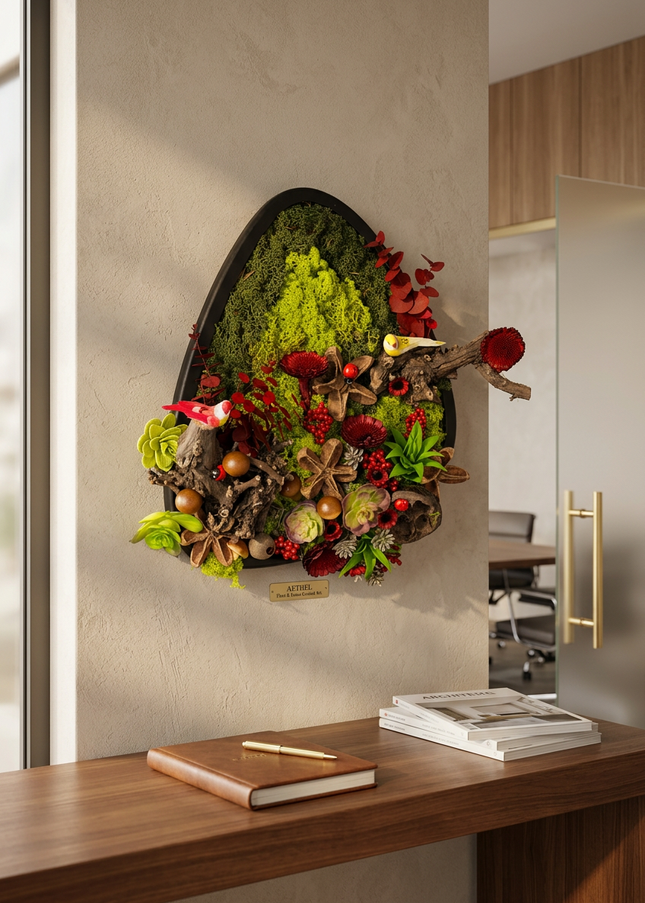 Tablou „Crimson Grove” cu licheni stabilizați și accente roșii – decor natural cu elemente botanice