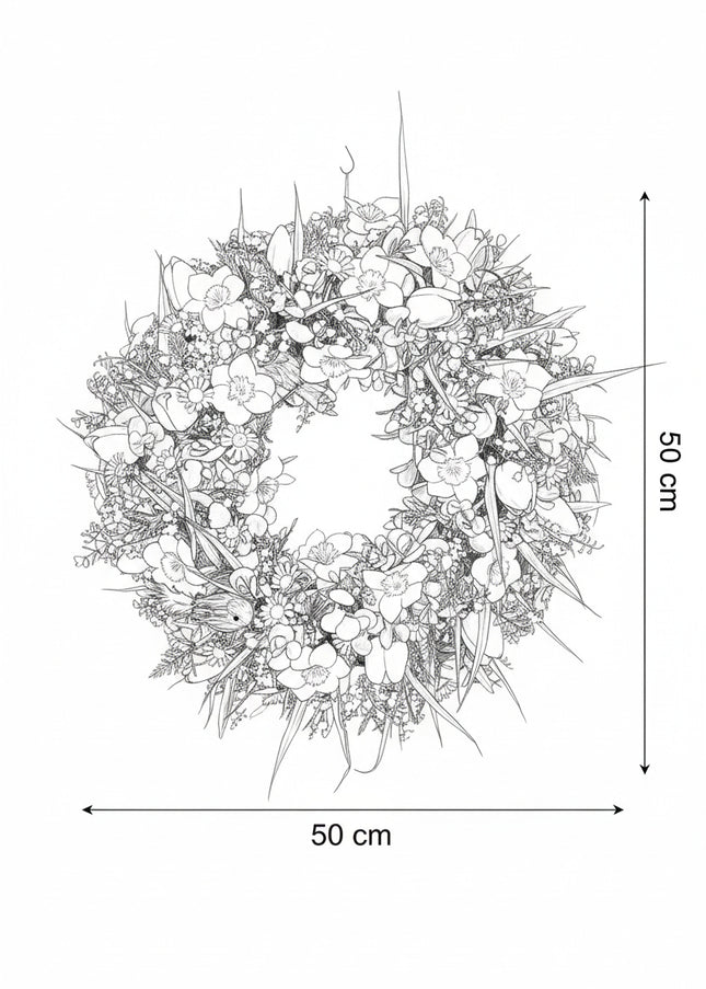 Coroniță florală „Spring Meadow” – decor natural cu flori albe, galbene și accente verzi