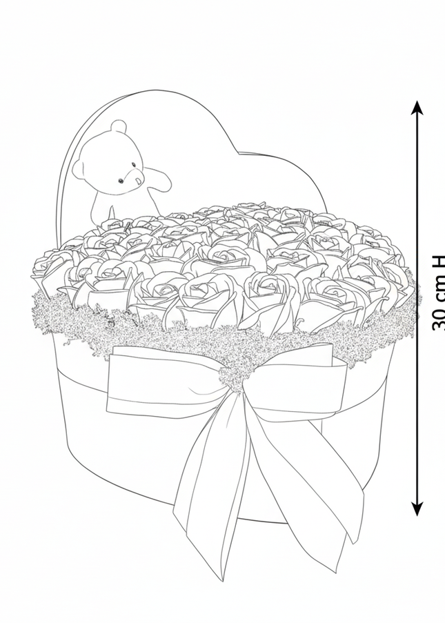 Aranjament Inimă Lux Trandafiri Săpun Roșii, Ursulet Alb