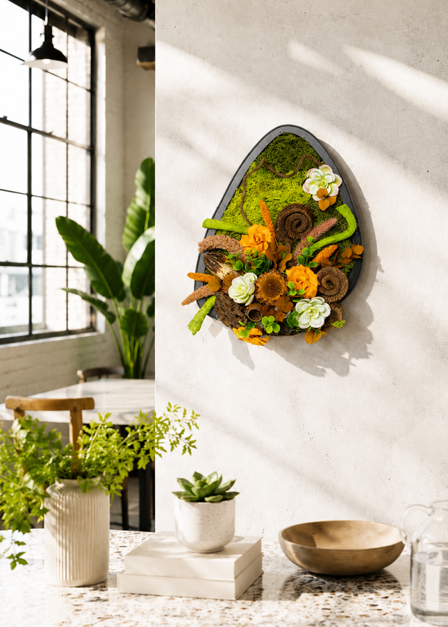 Tablou decorativ „Botanical Nest” – compoziție naturală cu mușchi și flori