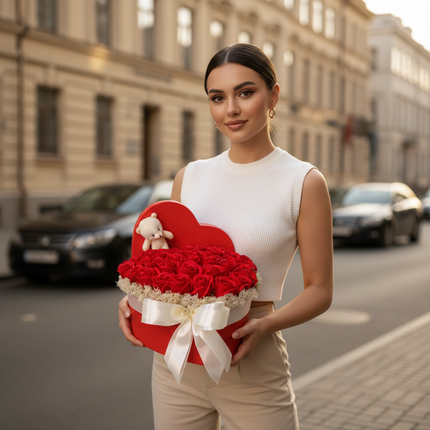 Aranjament Inimă Lux Trandafiri Săpun Roșii, Ursulet Alb