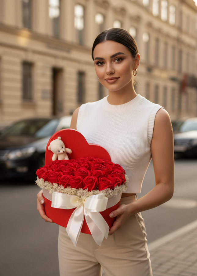 Aranjament Inimă Lux Trandafiri Săpun Roșii, Ursulet Alb