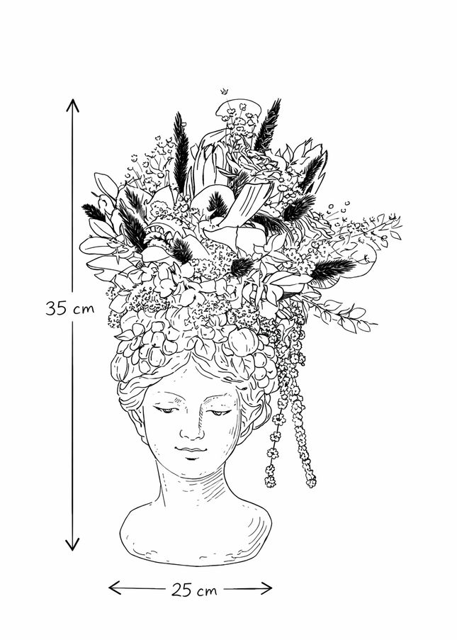 Aranjament floral „Velvet Muse” în bust sculptural – protea, hortensie și accente botanice