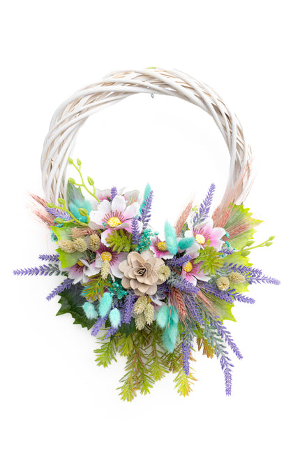 Coroniță Handmade „Spring Breeze” – Aranjament pe Bază de Răchită Albă cu Flori Pastelate