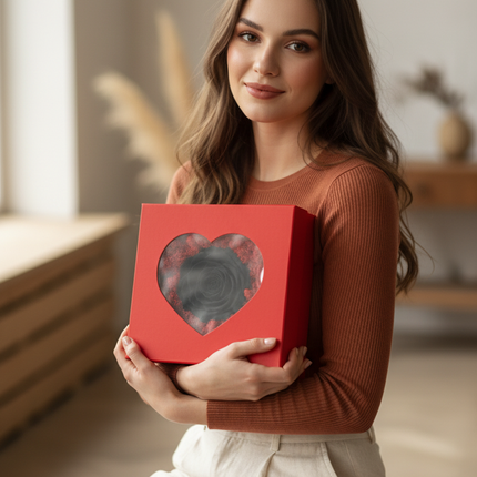 Trandafir Criogenat Negru Inimă Handmade, Cutie Roșie