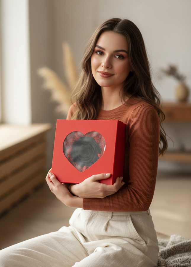 Trandafir Criogenat Negru Inimă Handmade, Cutie Roșie