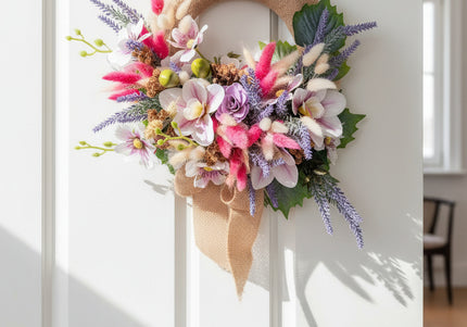 Coroniță Florală Handmade „Boho-Chic Dream” – Aranjament cu Iută, Flori Exotice și Accente de Lavandă