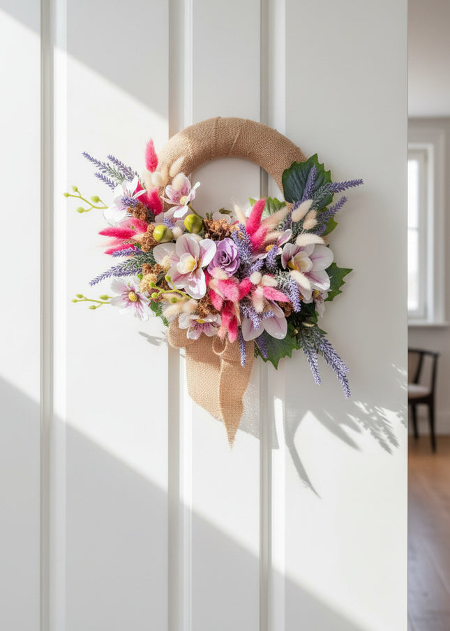 Coroniță Florală Handmade „Boho-Chic Dream” – Aranjament cu Iută, Flori Exotice și Accente de Lavandă