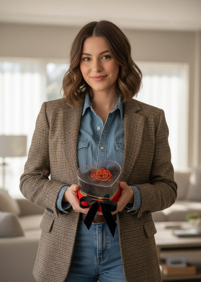 Aranjament de Lux "Golden Petal Heart" cu Trandafir Etern