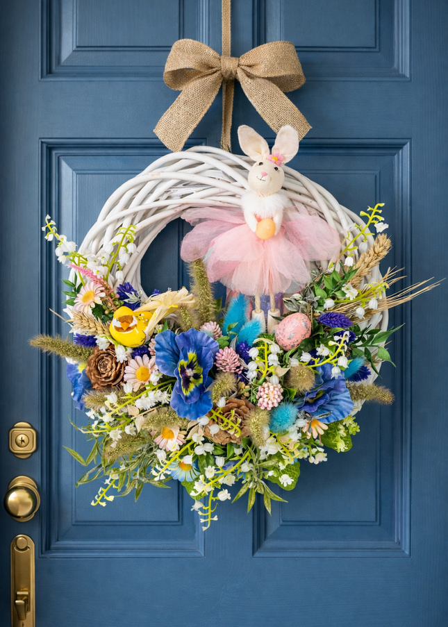 Coroniță florală de Paște „Easter Ballet” – decor festiv cu iepuraș și flori pastelate