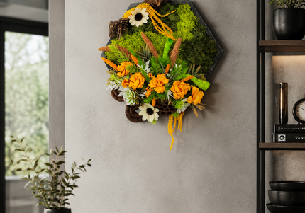 Tablou decorativ „Amber Garden” – cu mușchi și flori