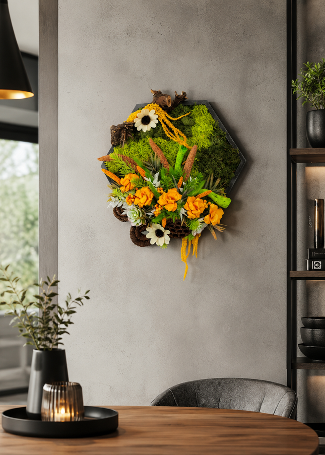 Tablou decorativ „Amber Garden” – cu mușchi și flori
