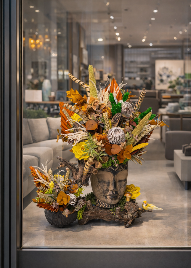 Aranjament floral „Autumn Spirit” în bust sculptural – compoziție rustică cu flori uscate și elemente naturale
