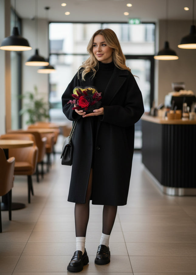 Aranjament Inimă Paiete & Catifea, Trandafir Criogenat Bicolor Roșu-Negru