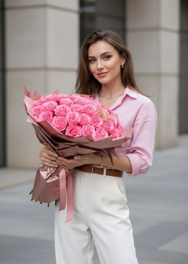 Buchet Gigant "Pink Sparkle" cu 99 Trandafiri și Fluturi