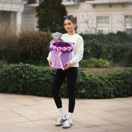 Aranjament Lux Trandafiri Săpun Violet-Roz, Ursulet Gri