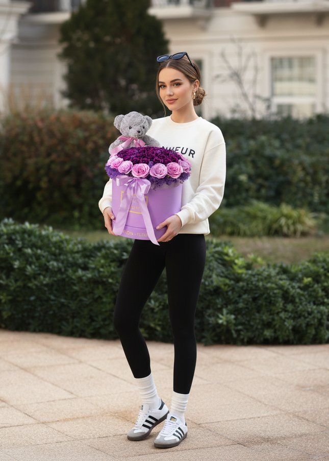 Aranjament Lux Trandafiri Săpun Violet-Roz, Ursulet Gri