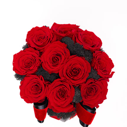 Aranjament Lux 11 Trandafiri Criogenați Roșii, Cutie Catifea