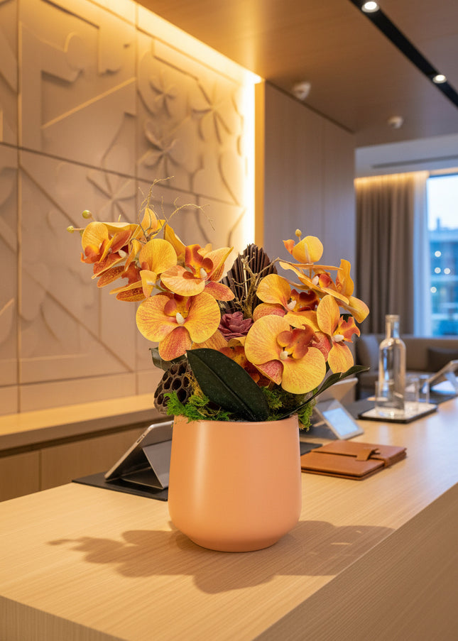 Aranjament Floral „Orchid Sunset” în Vas Ceramic – Compoziție Premium cu Orhidee Portocalii, Licheni și Accente Exotice