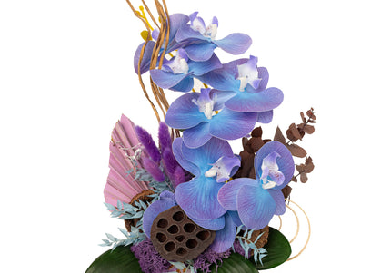 Aranjament Floral „Indigo Zen” – Compoziție Verticală cu Orhidee Indigo, Capsule de Lotus și Accente Exotice Curbe