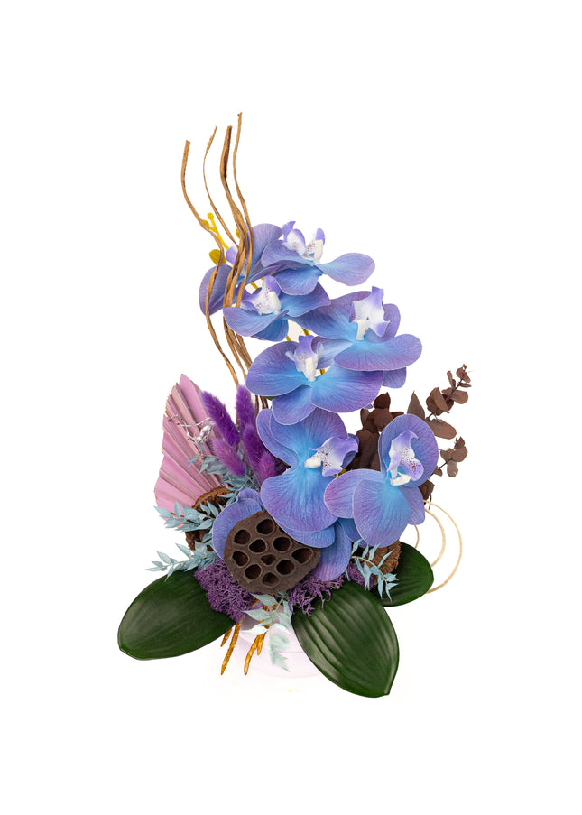 Aranjament Floral „Indigo Zen” – Compoziție Verticală cu Orhidee Indigo, Capsule de Lotus și Accente Exotice Curbe