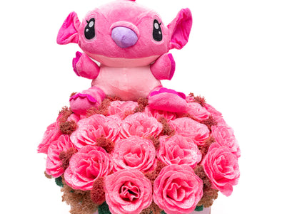Aranjament Cutie Roz cu 23 Trandafiri & Pluș Stitch (Angel)
