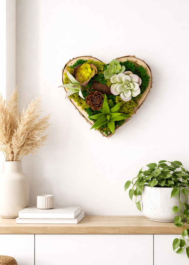 Tablou decorativ „Green Heart Petite” – inimă cu suculente și mușchi stabilizat