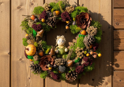 Coroniță Decorativă „Spiritul Pădurii” – Aranjament Handmade cu Mușchi Stabilizat, Conuri și Figurină
