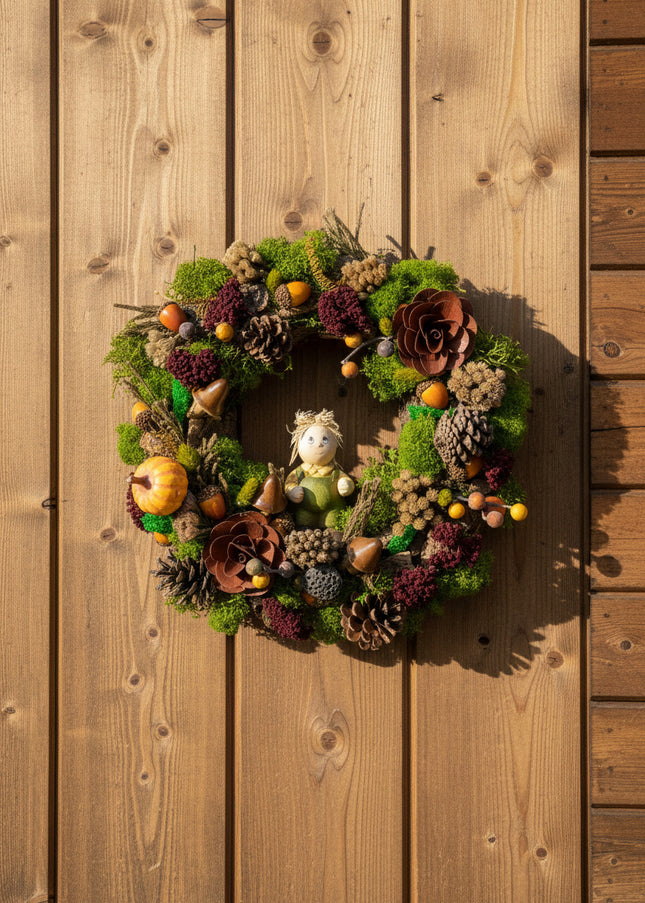 Coroniță Decorativă „Spiritul Pădurii” – Aranjament Handmade cu Mușchi Stabilizat, Conuri și Figurină