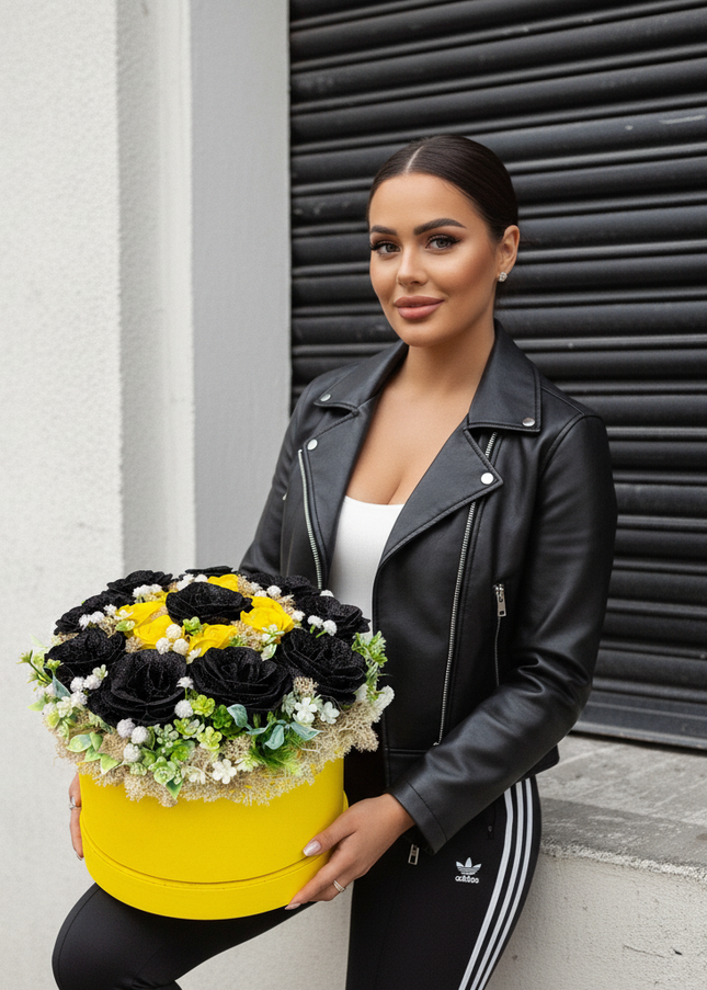 Aranjament Lux Trandafiri Săpun Negri Glitter & Galbeni