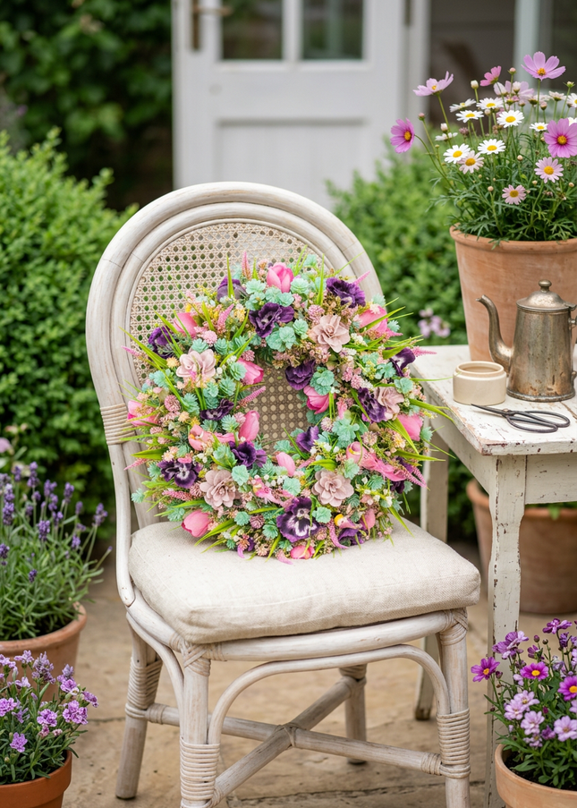 Coroniță florală „Spring Delight” – decor delicat cu flori pastel și accente naturale