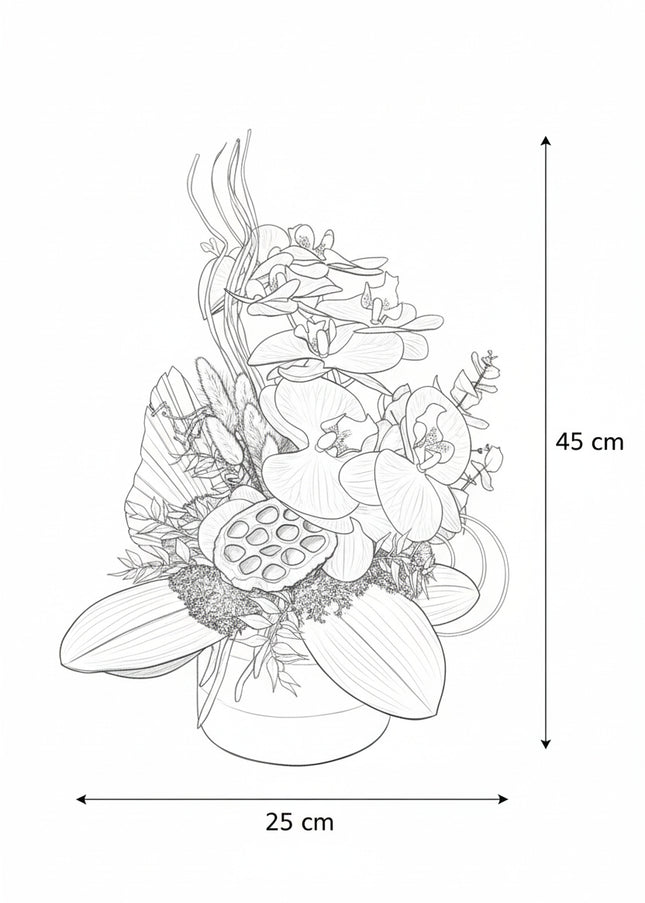 Aranjament Floral „Indigo Zen” – Compoziție Verticală cu Orhidee Indigo, Capsule de Lotus și Accente Exotice Curbe