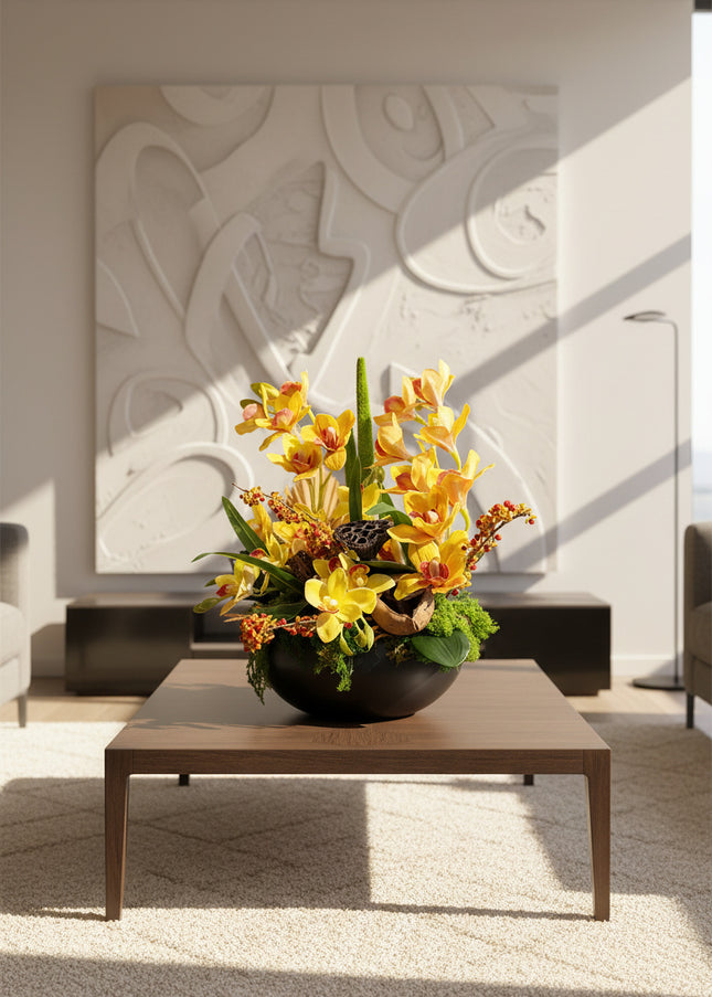 Aranjament Floral „Solar Orchid” în Vas Ceramic Negru – Decor de Lux cu Orhidee Galbene, Ilex și Accente Botanice Exotice