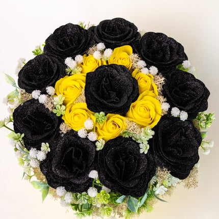 Aranjament Lux Trandafiri Săpun Negri Glitter & Galbeni