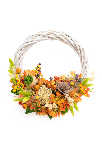 Coroniță Handmade „Harvest Sun” – Aranjament Floral pe Bază de Răchită Albă cu Flori de Câmp și Dovleci