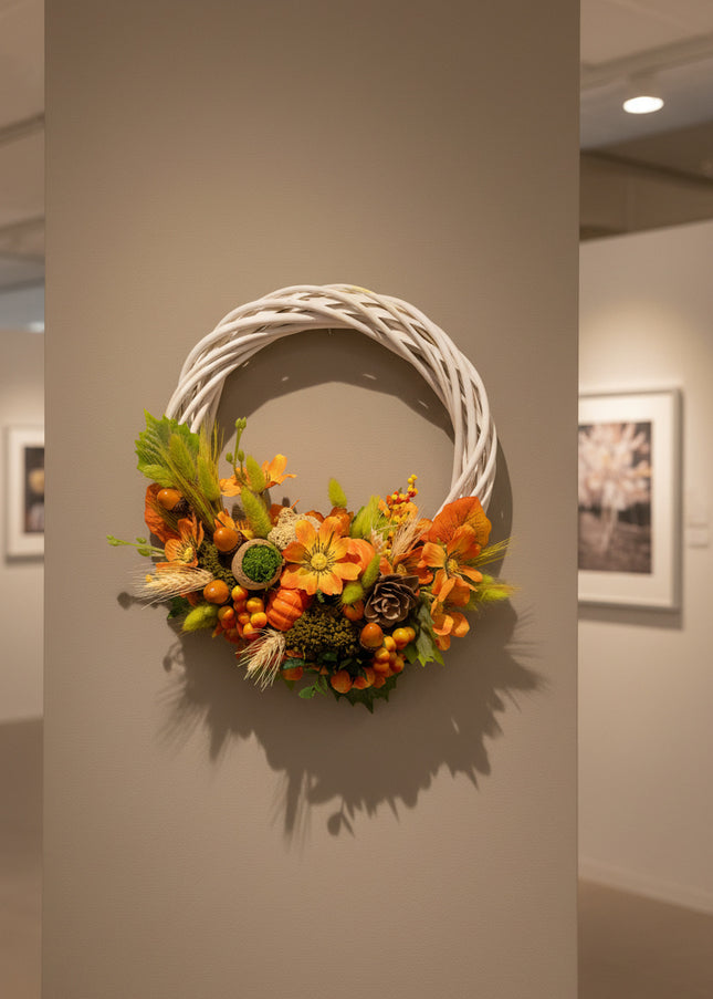Coroniță Handmade „Autumn Glow” – Aranjament Floral pe Bază de Răchită Albă cu Flori de Dovleac și Spice
