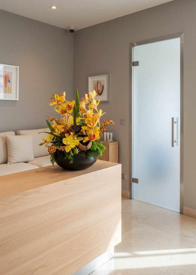 Aranjament Floral „Solar Orchid” în Vas Ceramic Negru – Decor de Lux cu Orhidee Galbene, Ilex și Accente Botanice Exotice