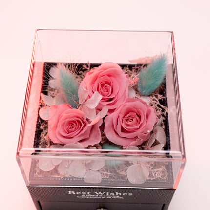 Aranjament 3 Trandafiri Criogenați Roz, Cutie Acrilică "Best Wishes"