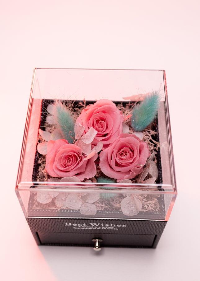Aranjament 3 Trandafiri Criogenați Roz, Cutie Acrilică "Best Wishes"
