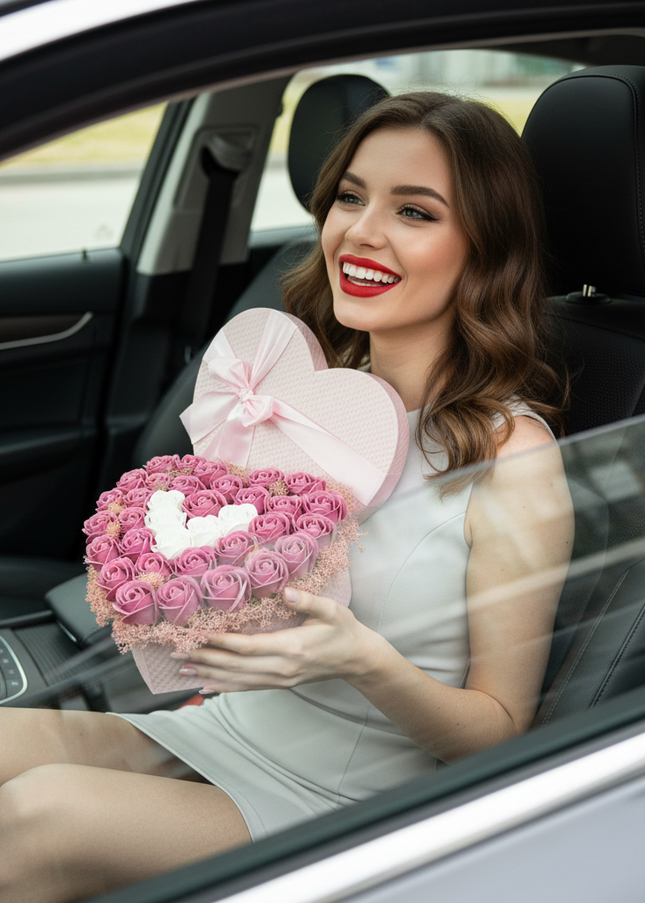 Aranjament Inimă Lux Trandafiri Săpun Roz-Alb