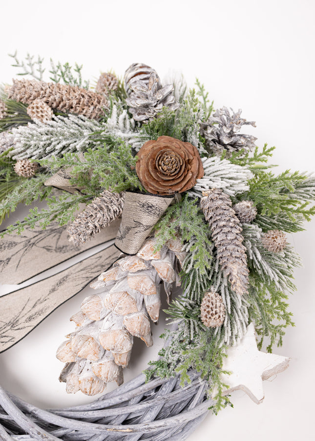 Coroniță Crăciun "Silver Woodland" pe Lemn Împletit Gri