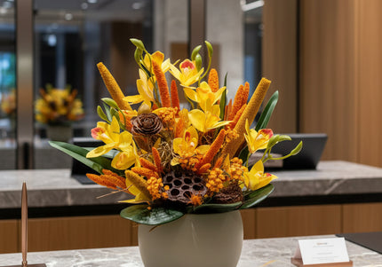 Aranjament floral „Sunset Glow” în vas ceramic – orhidee galbene și accente calde